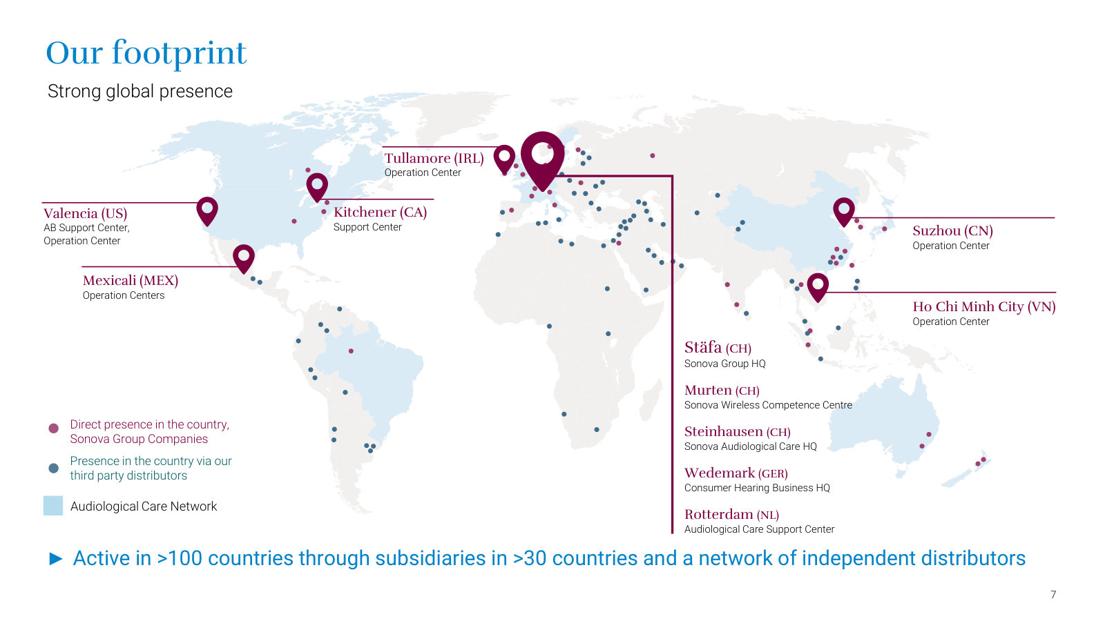 The global footprint — HQ and operation centres, and where Sonova sells directly versus through distributors, across 100+ countries.